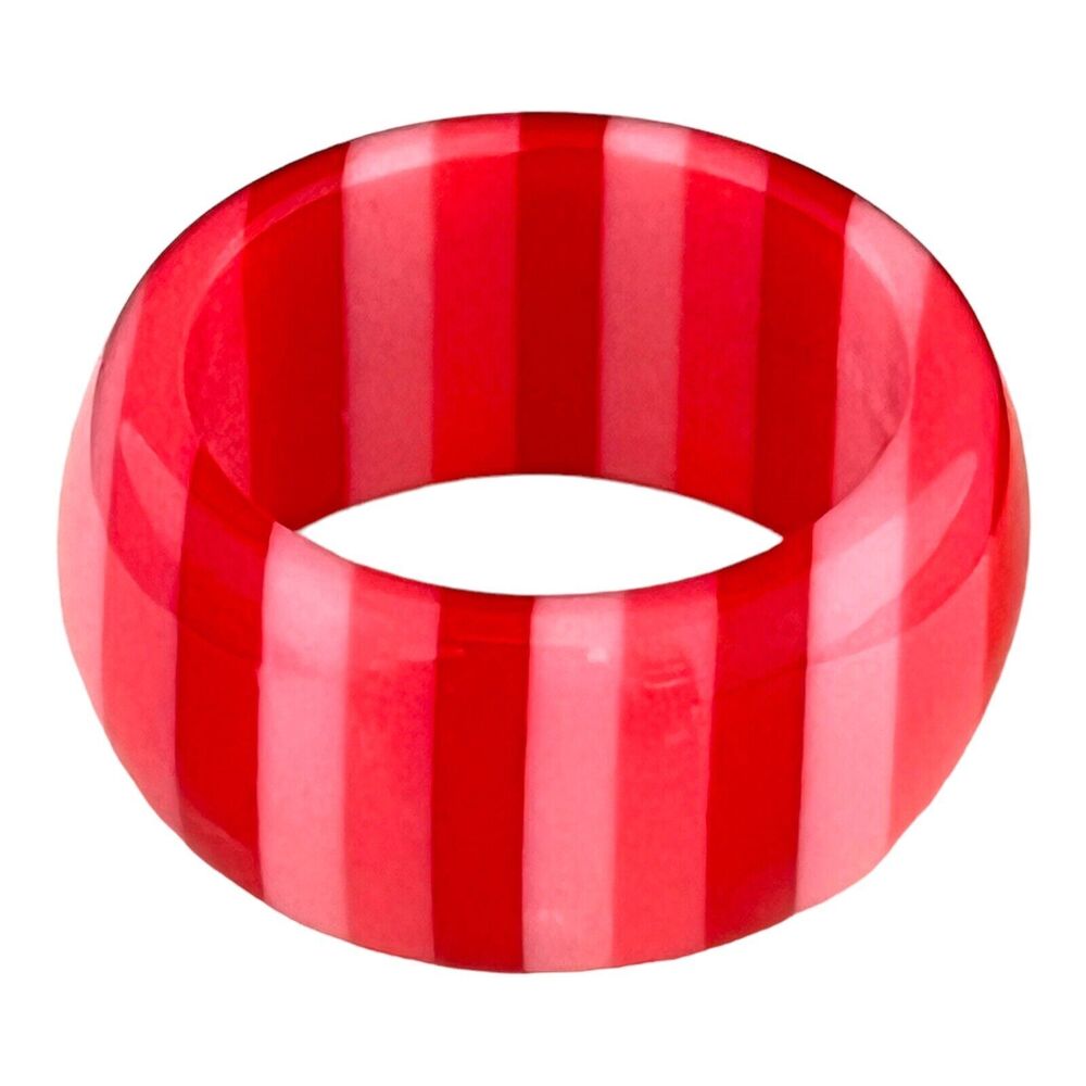 Vintage 1970s Lucite Ring Red Pink Striped Band Chunky Mod Statement - 13S